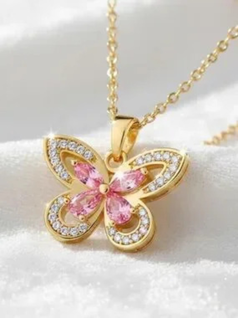 Anthropologie Gold Butterfly Necklace with Pink Stones